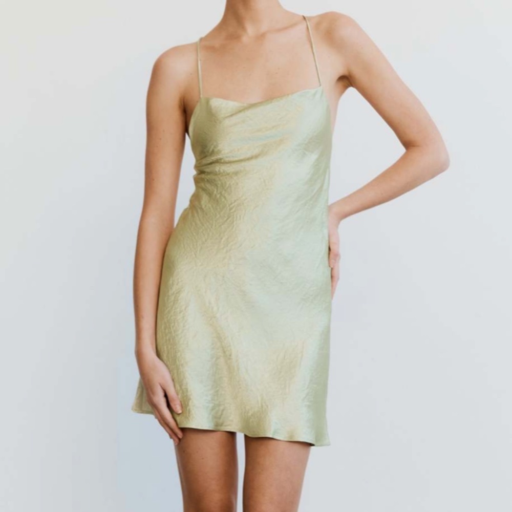 Third Form Slip Dress Crush Silk Bias Cowl Apple Green Spaghetti Straps Size 6 S